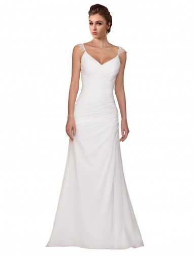 V-Neck Sheath Chiffon Wedding Dress with Straps for Sale