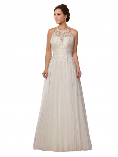 Illusion Halter Lace Boho Wedding Dress with Plunging Sweetheart Bodice for Sale