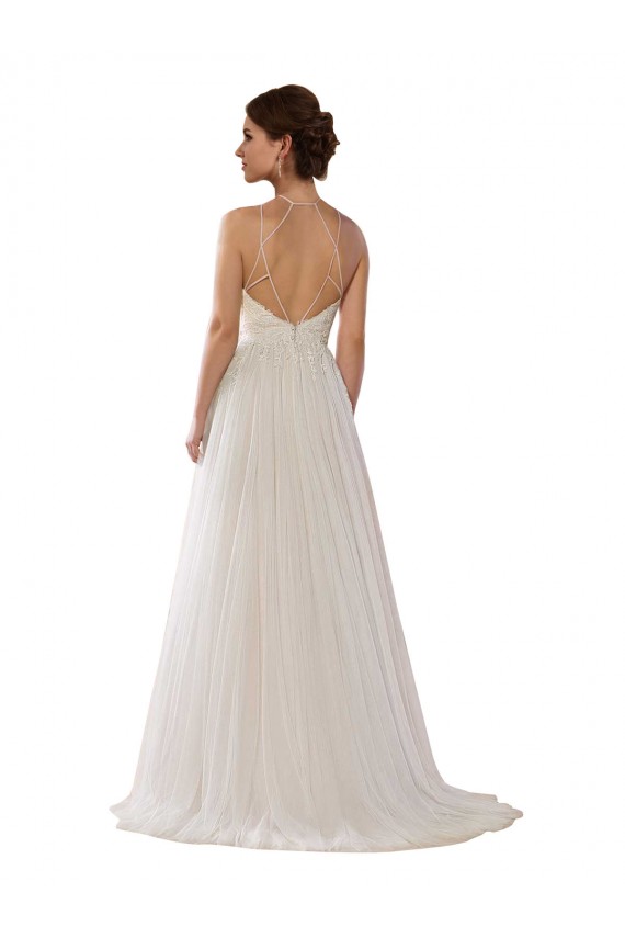 Illusion Halter Lace Boho Wedding Dress with Plunging Sweetheart Bodice for Sale