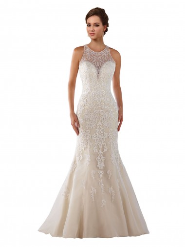 High Neck Mermaid Lace Wedding Dress with Illusion Back for Sale