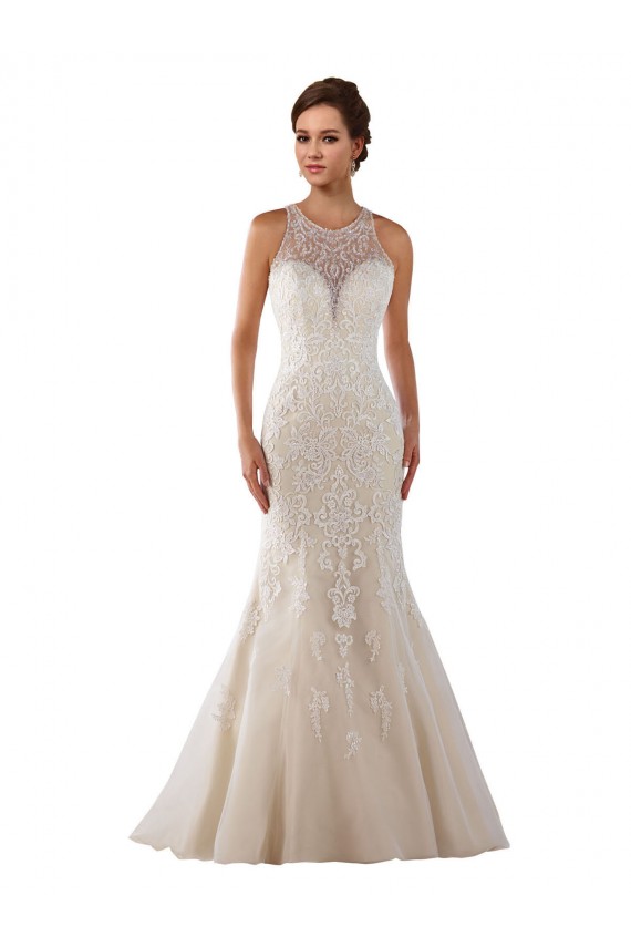 High Neck Mermaid Lace Wedding Dress with Illusion Back for Sale