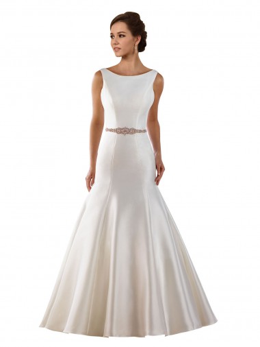 Modern Boat Neck Mermaid Satin Wedding Dress with Deep V-Back for Sale