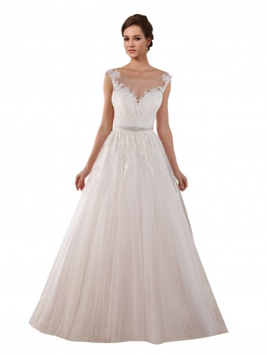 Illusion Sweetheart Neck Ball Gown Tulle Wedding Dress with Lace Bodice for Sale
