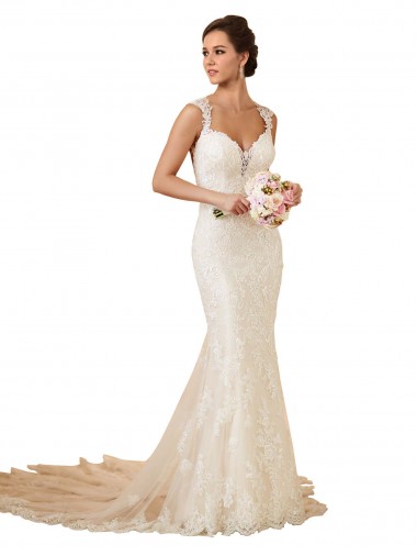 Modern Chapel Train Sweetheart Mermaid Lace Wedding Dress with Keyhole Back for Sale