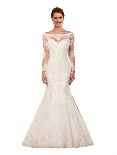 Long Sleeves Mermaid Lace Wedding Dress with Illusion Back for Sale