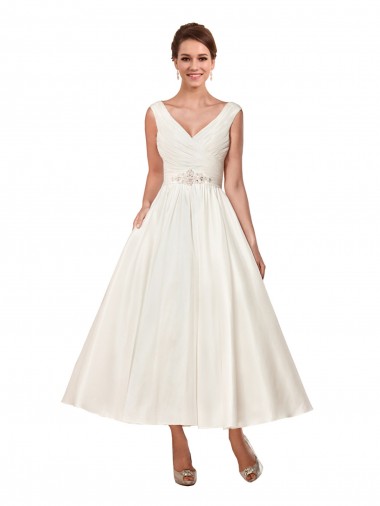 V-Neck A-Line Short Ankle Length Satin Wedding Dress for Sale