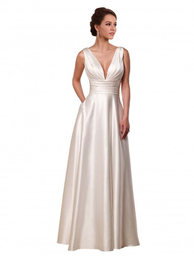 Deep V-Neck A-Line Satin Wedding Dress with Pockets for Sale
