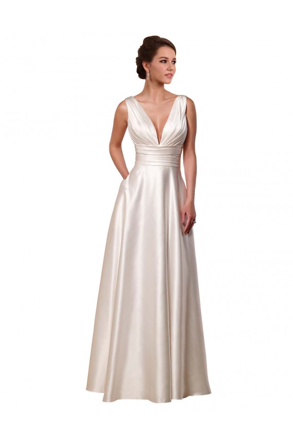 Deep V-Neck A-Line Satin Wedding Dress with Pockets for Sale