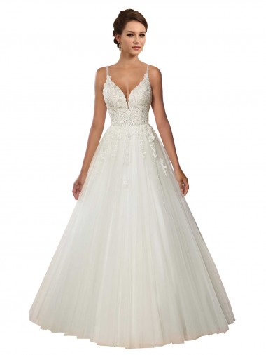 Modern Spaghetti Straps Ball Gown Tulle Wedding Dress with Lace Bodice for Sale