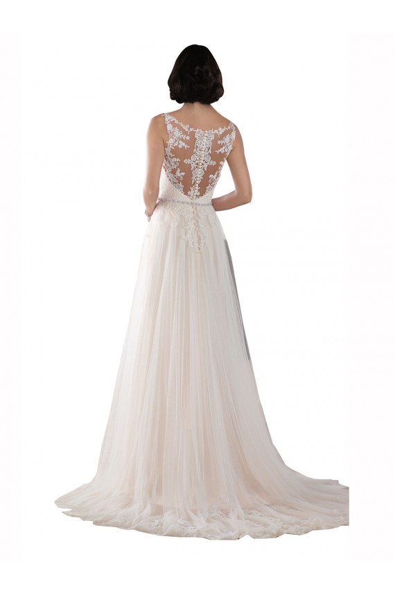 High Lace Neck Illusion Back Tulle Boho Wedding Dress for Sale
