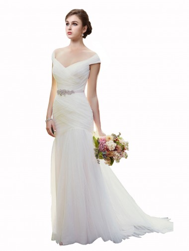 Cap Sleeves Off the Shoulder Ruched Mermaid Tulle Beach Wedding Dress for Sale