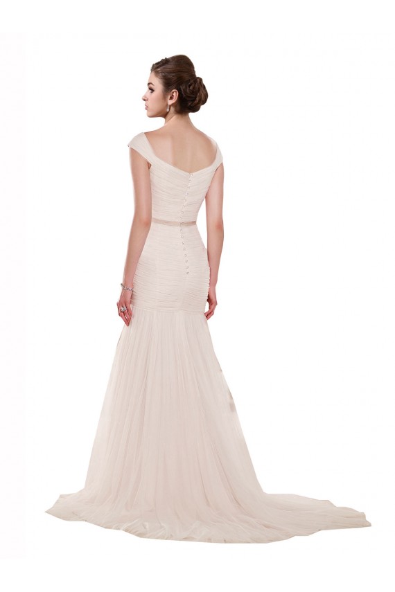 Cap Sleeves Off the Shoulder Ruched Mermaid Tulle Beach Wedding Dress for Sale