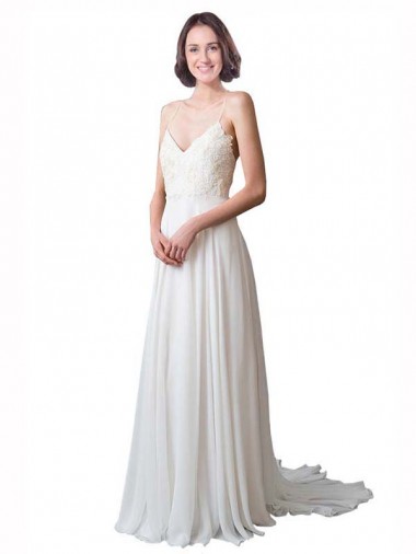 Spaghetti Straps V-Neck A-Line Chiffon Beach Wedding Dress for Sale