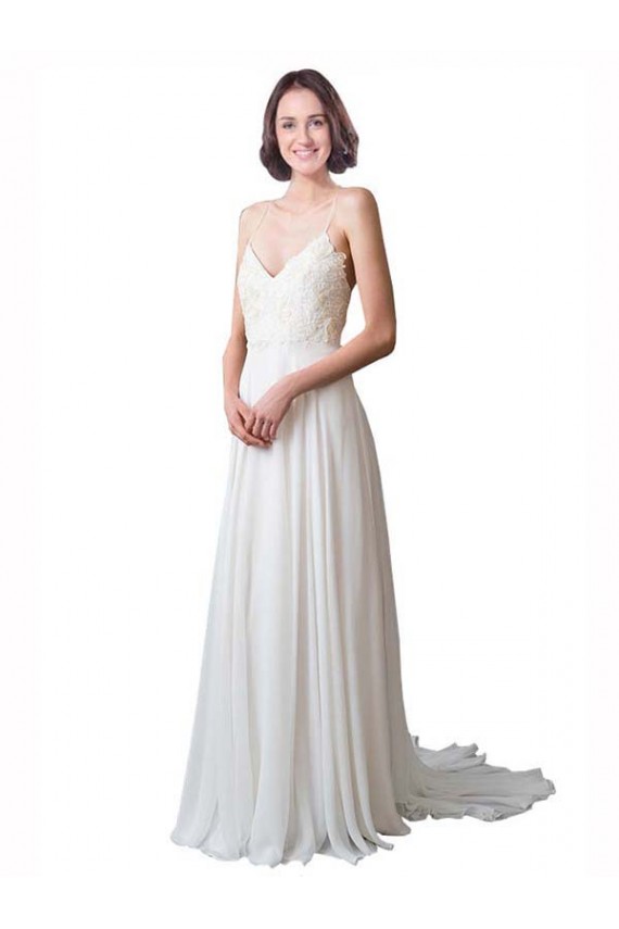Spaghetti Straps V-Neck A-Line Chiffon Beach Wedding Dress for Sale