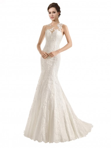 Illusion Neck Mermaid All Over Lace Wedding Dress for Sale