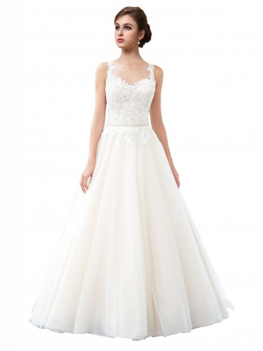 Illusion Neck A-Line Tulle Beach Wedding Dress with Lace Bodice for Sale