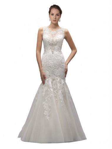 Illusion High Neck Mermaid Lace Wedding Dress for Sale