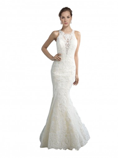 Deep Illusion Neck Mermaid Tulle Beach Wedding Dress with All Over Lace for Sale