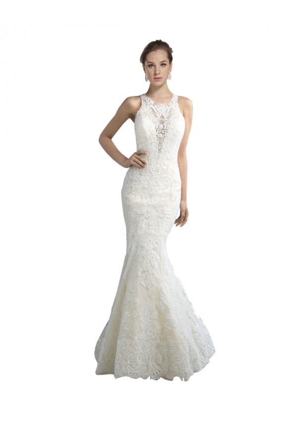 Deep Illusion Neck Mermaid Tulle Beach Wedding Dress with All Over Lace for Sale