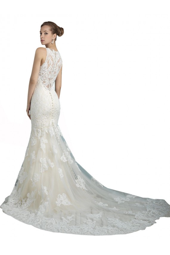Deep Illusion Neck Mermaid Tulle Beach Wedding Dress with All Over Lace for Sale