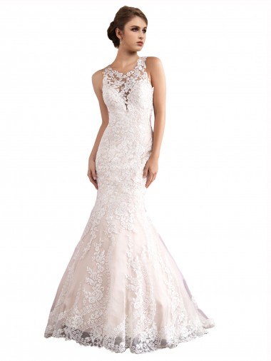Illusion Neck Fit and Flare Tulle Wedding Dress with All Over Lace for Sale