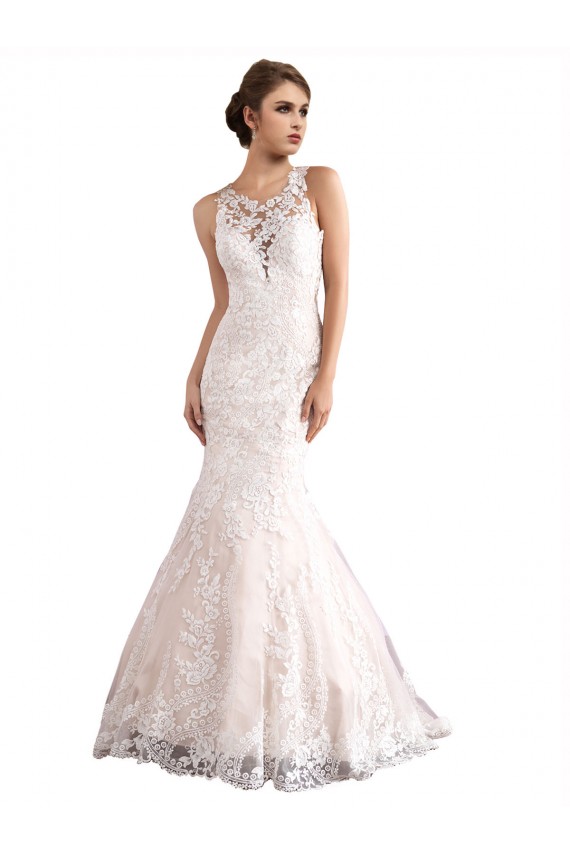 Illusion Neck Fit and Flare Tulle Wedding Dress with All Over Lace for Sale
