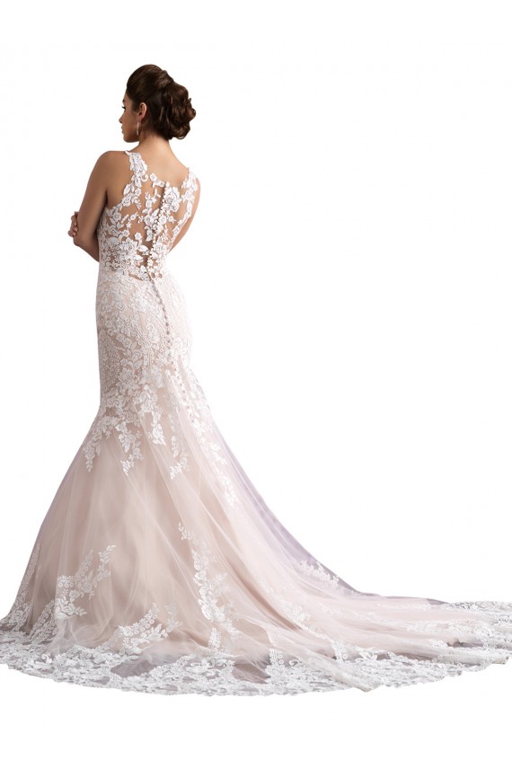 Illusion Neck Fit and Flare Tulle Wedding Dress with All Over Lace for Sale