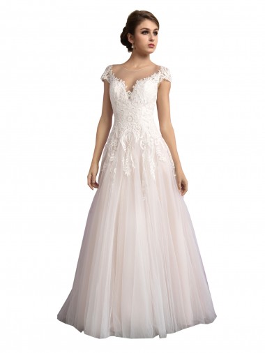 Illusion Cap Sleeves A-Line Tulle Beach Wedding Dress with Lace Bodice for Sale