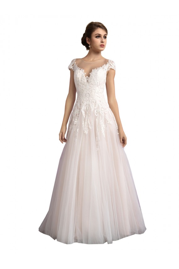 Illusion Cap Sleeves A-Line Tulle Beach Wedding Dress with Lace Bodice for Sale