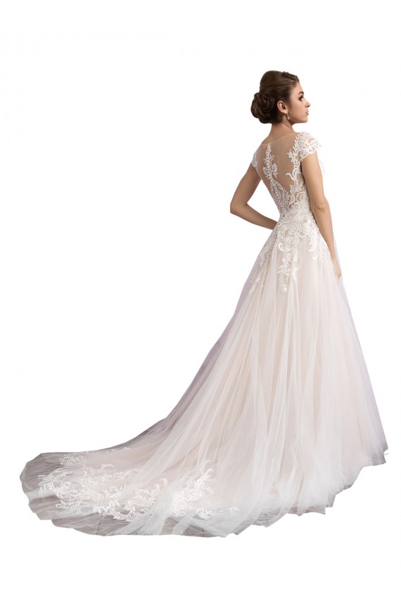Illusion Cap Sleeves A-Line Tulle Beach Wedding Dress with Lace Bodice for Sale