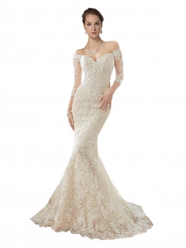 Long Sleeves Off the Shoulder Trumpet Lace Wedding Dress for Sale