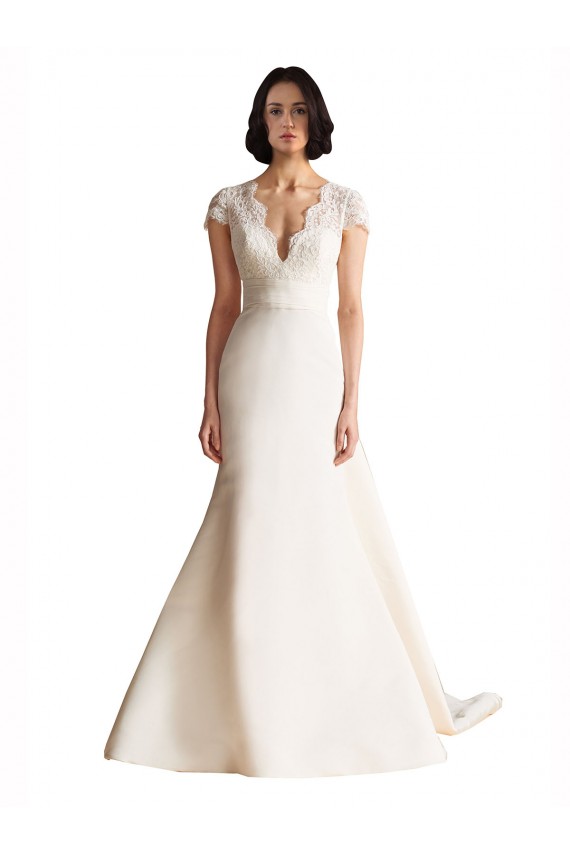 V-Neck Lace Bodice A-Line Satin Wedding Dress with Keyhole Back for Sale