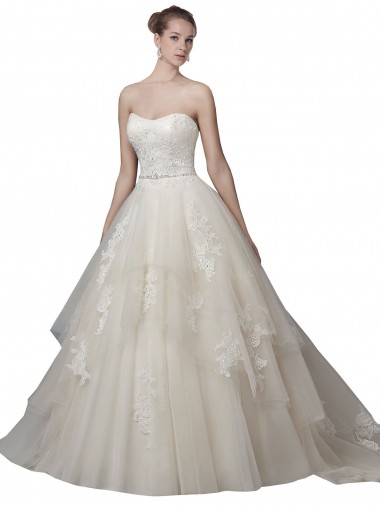 Strapless Ball Gown Tulle Wedding Dress with Lace Appliques for Sale