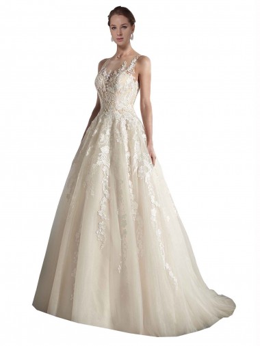 Illusion Neck A-Line Tulle Wedding Dress for Sale