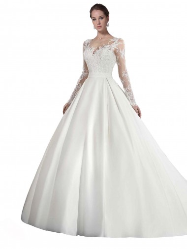 Long Sleeves Illusion Neck A-Line Satin Wedding Dress with Lace Bodice for Sale