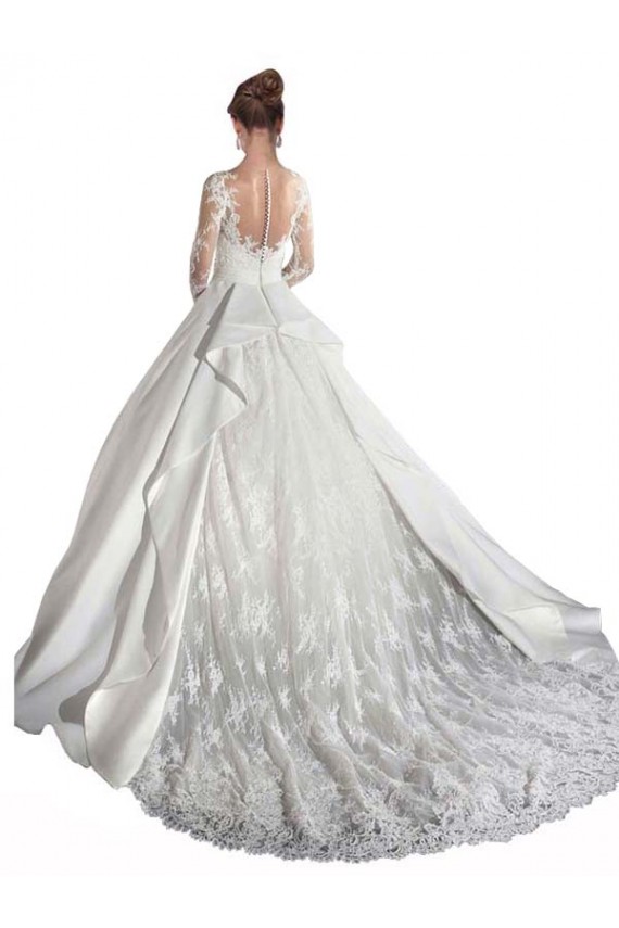 Long Sleeves Illusion Neck A-Line Satin Wedding Dress with Lace Bodice for Sale