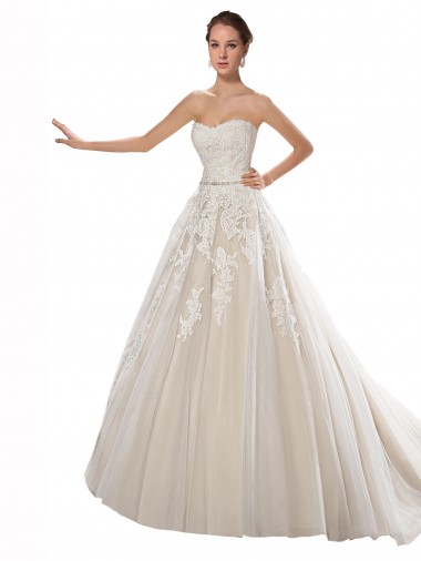 Strapless Ball Gown Tulle Wedding Dress with Lace Cascades for Sale