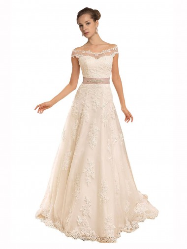 Off the Shoulder Illusion Back A-Line Lace Beach Wedding Dress for Sale