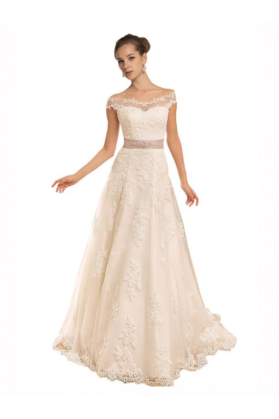 Off the Shoulder Illusion Back A-Line Lace Beach Wedding Dress for Sale