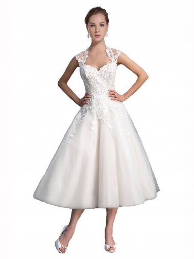 A-Line Short Tea Length Sweetheart Tulle Lace Beach Wedding Dress for Sale