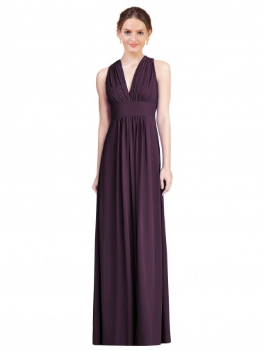 Long Chiffon V-Neck Bridesmaid Dress with Shirred Bodice for Sale