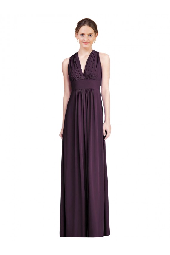 Long Chiffon V-Neck Bridesmaid Dress with Shirred Bodice for Sale