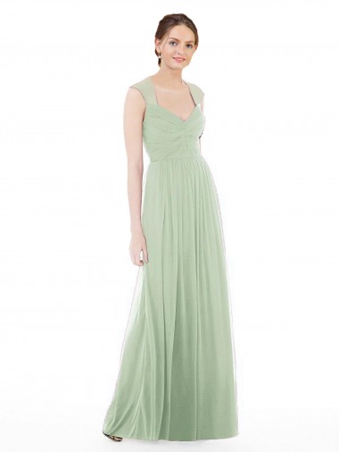Sheer Back Cap Sleeves Long Chiffon Bridesmaid Dress  for Sale