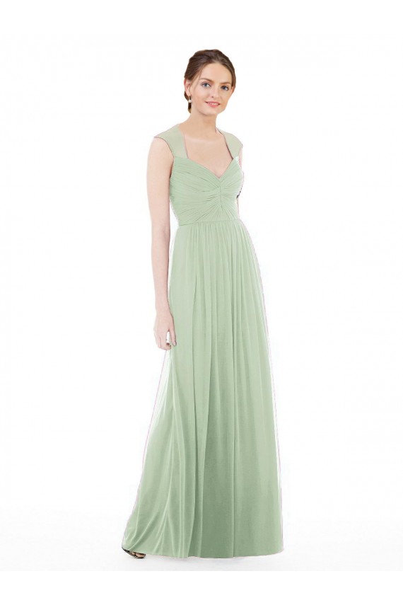 Sheer Back Cap Sleeves Long Chiffon Bridesmaid Dress  for Sale