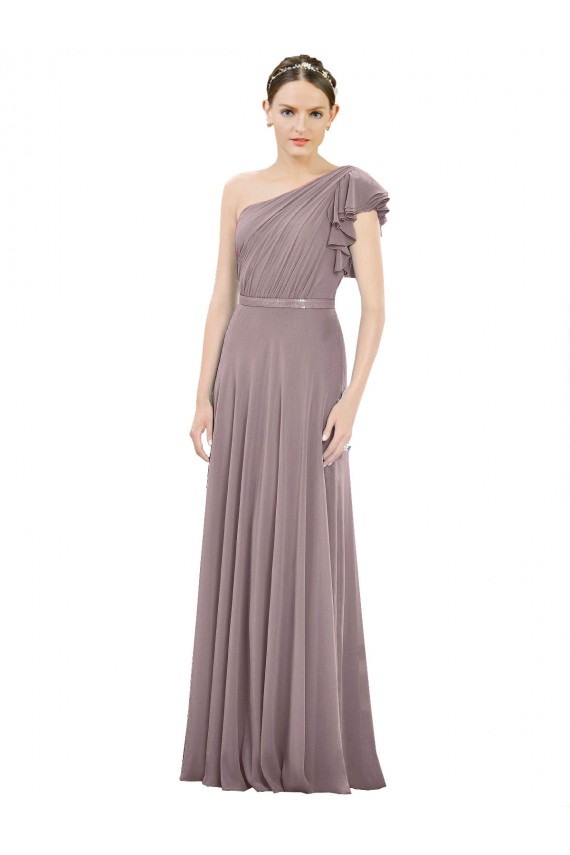 Full Length One Shoulder Chiffon Bridesmaid Dress with Shoulder Ruffle for Sale