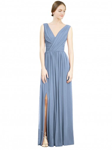 Sleeveless Draped Chiffon Maxi Bridesmaid Dress with Front Slit for Sale