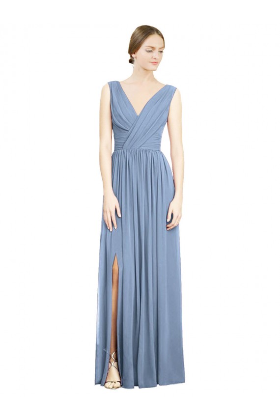 Sleeveless Draped Chiffon Maxi Bridesmaid Dress with Front Slit for Sale