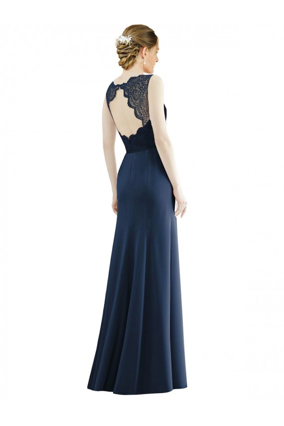 Lace Bodice Open Back Trumpet Chiffon Bridesmaid Dress with Bow Belt for Sale