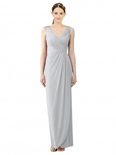 Draped Sleeveless Long Chiffon V-Neck Bridesmaid Dress for Sale