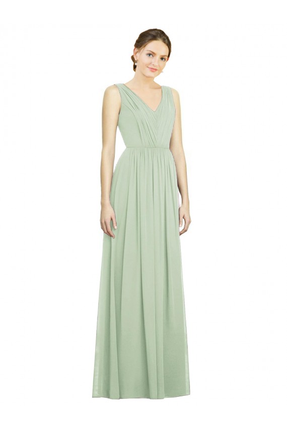 Natural Waist V-Neck Draped Chiffon Bridesmaid Dress for Sale
